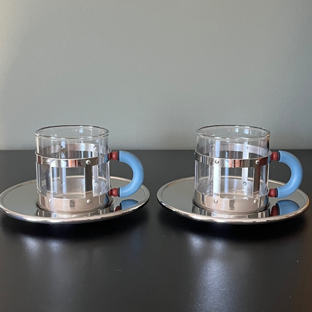 ALESSI Michael Graves Stainless Steel Glass Espresso Cup & Saucer Blue & Red - Picture 3 of 3